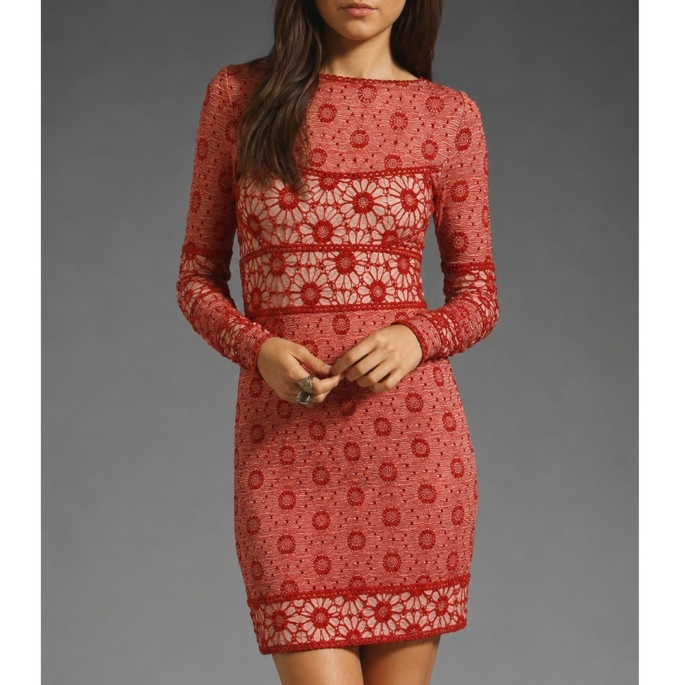 Free People Red Crochet Lace Long Sleeve Mini Dress